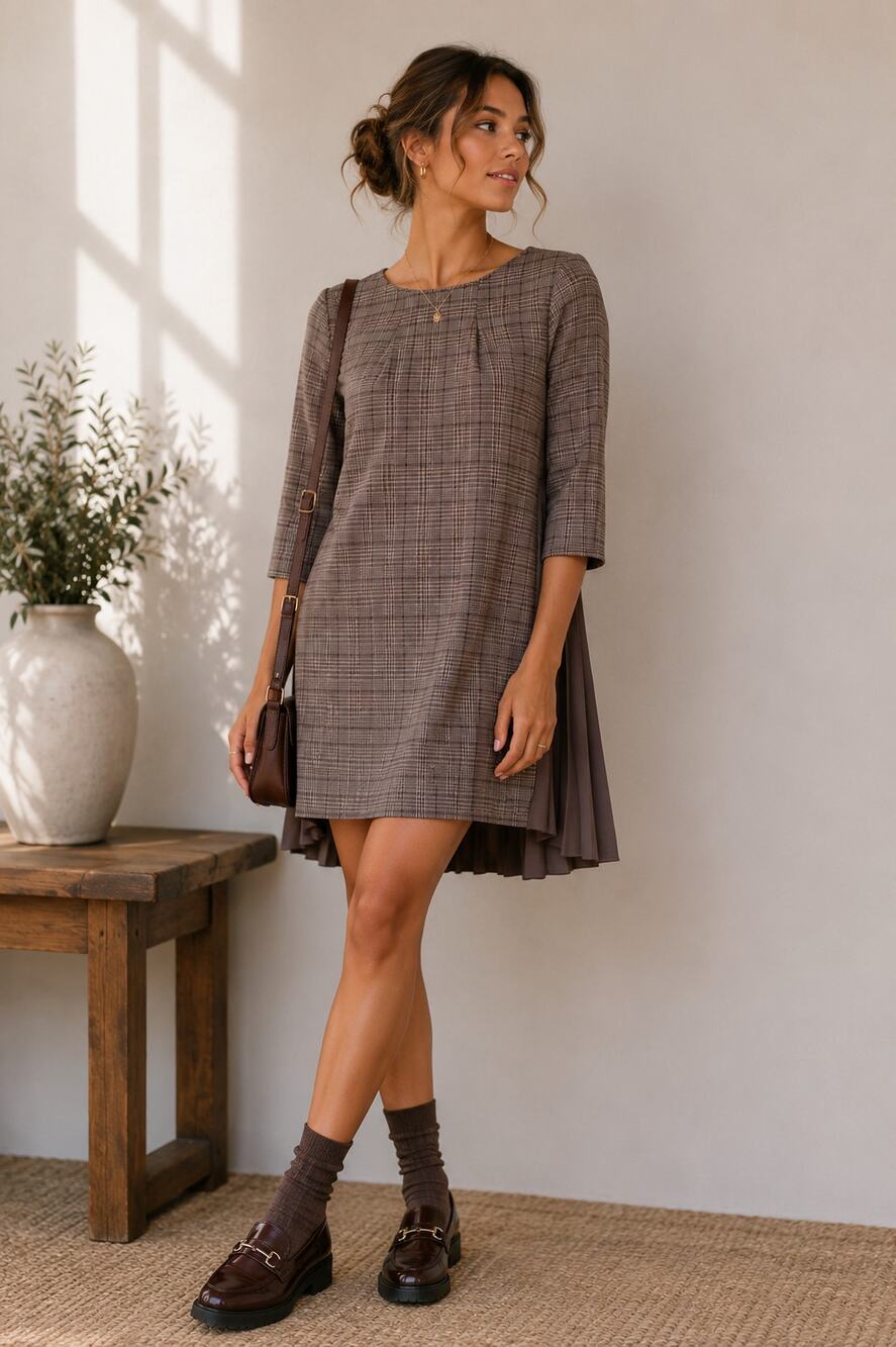 Jill Stuart Brown Plaid Mini Shift Dress Womens S Preppy Pleated Back Academia